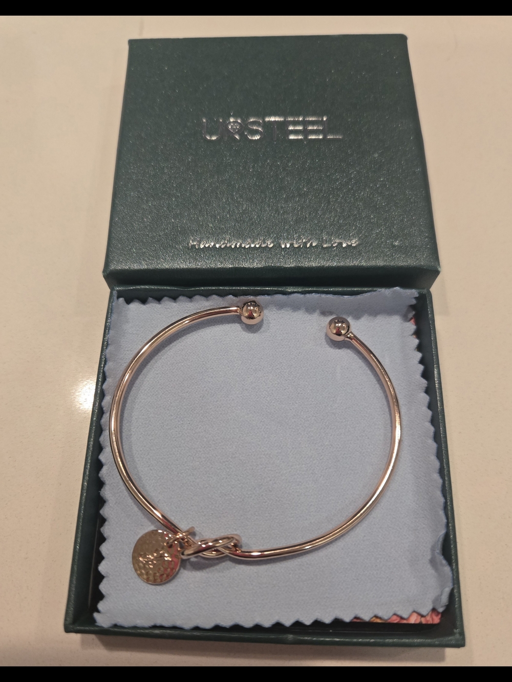 Rose Gold Open Bangle Bracelet with Letter J Charm